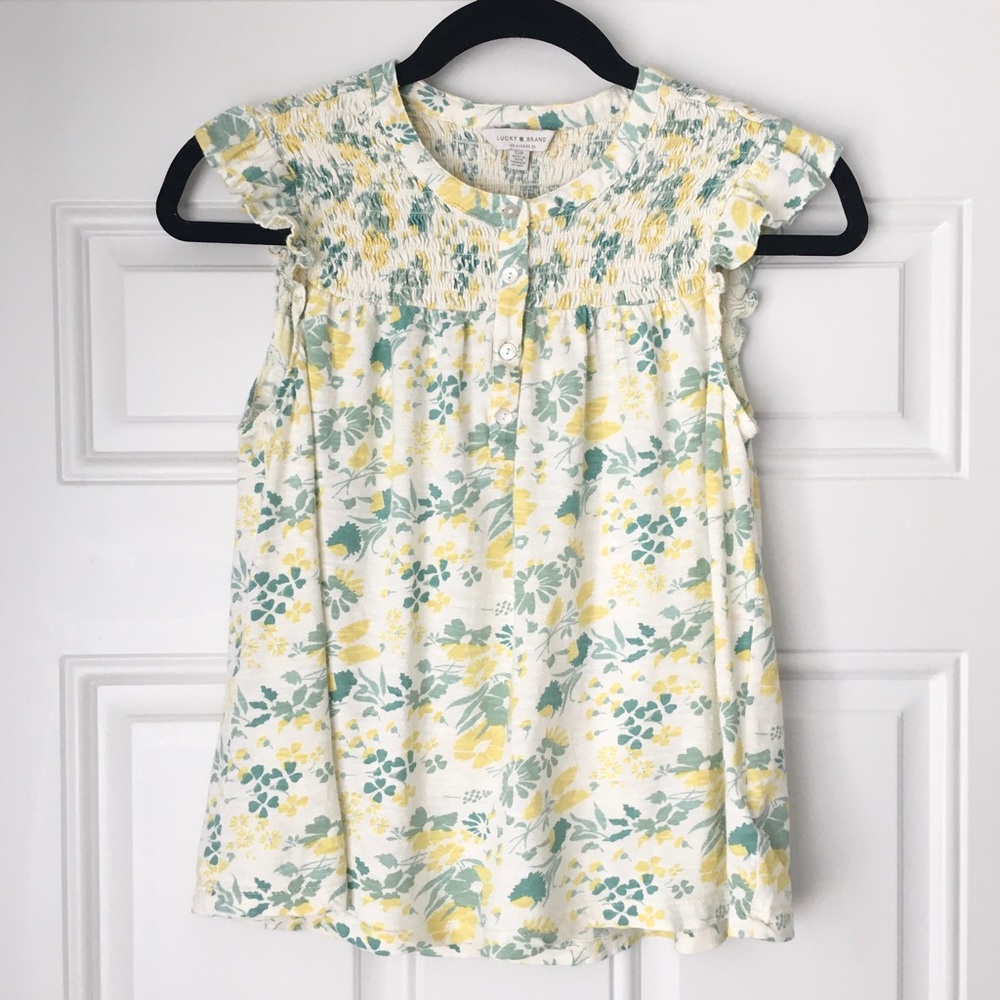 Lucky Brand Girls Yellow & Green Floral Smocked Cap Sleeve Top